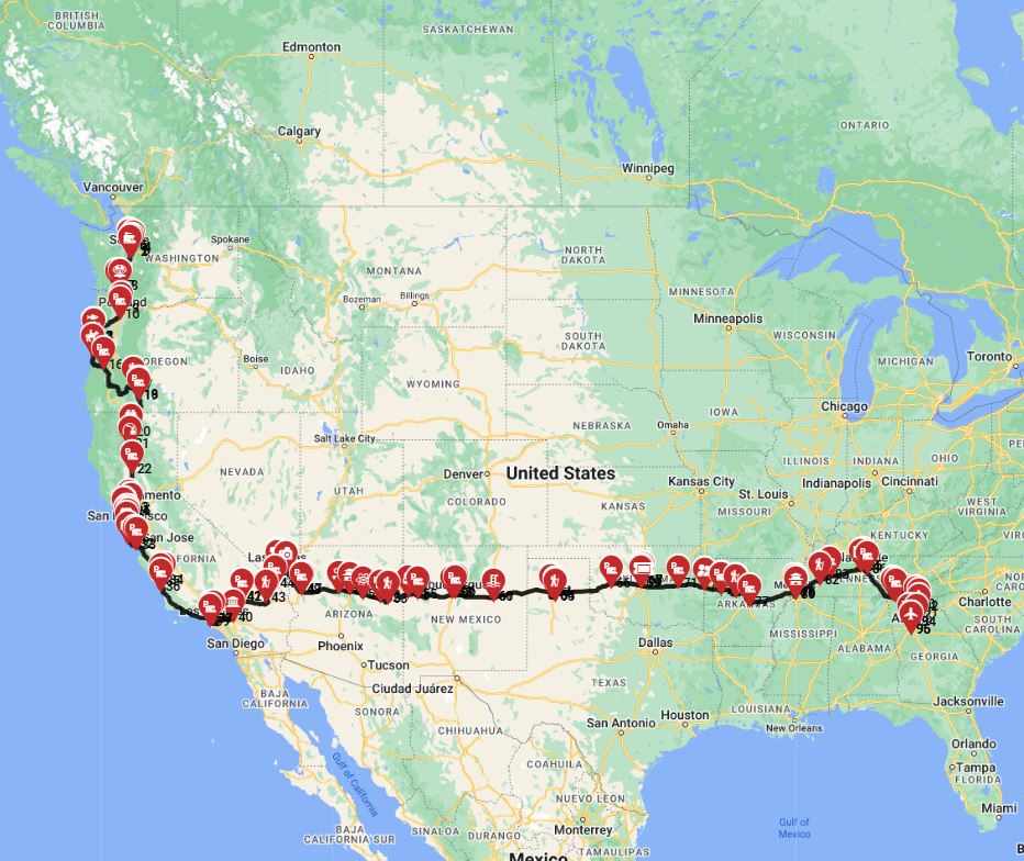 Map for Seattle to Atlanta - Grand American Adventure